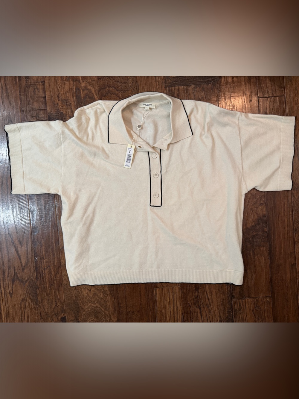 Max Studio London Cream Short-Sleeve Polo with Contrast Trim